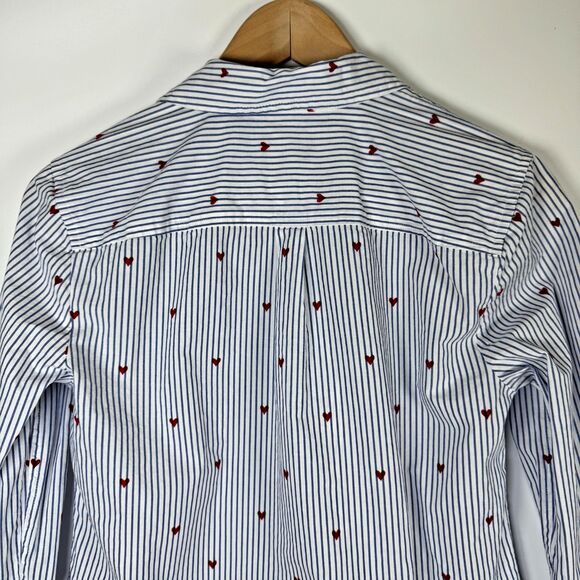 Talbots Womens XS Striped Button Down Shirt Red Heart Print Long Sleeve Cotton - Picture 4 of 12